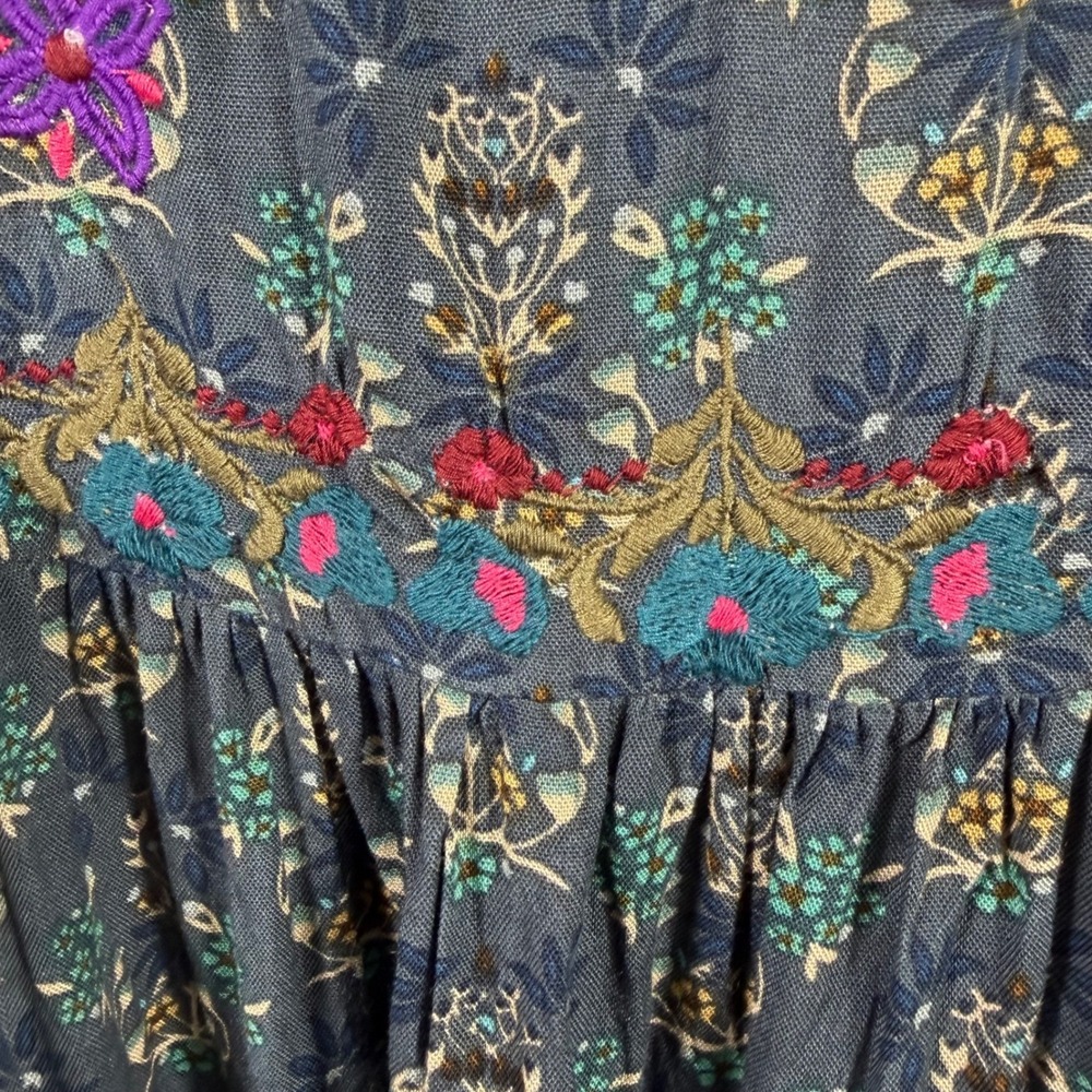 Natural Life Blue Floral Embroidered Boho Mini Dress Womens Large Rayon Pockets - Picture 7 of 12